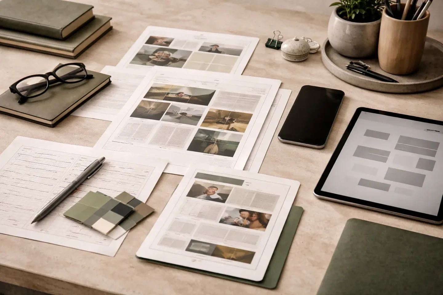 Mesa de trabajo con piezas de campaña, layouts y documentación listos para una entrega white-label.