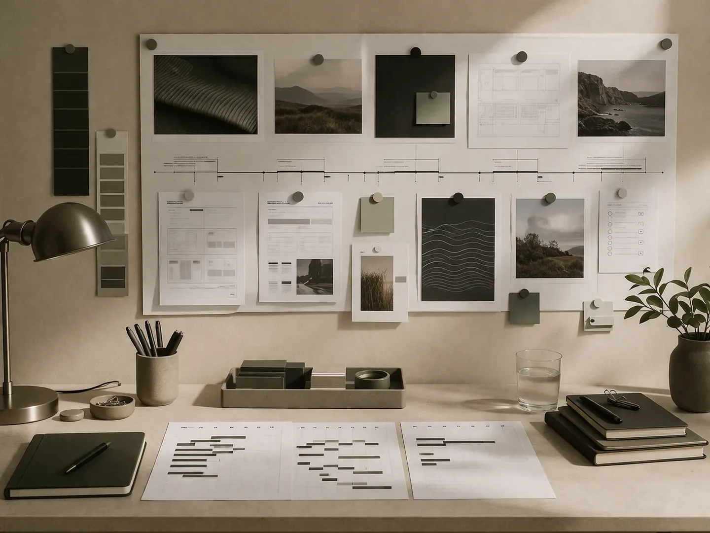 Mesa de trabajo con planificación, notas y materiales para decidir un modelo de colaboración técnica.