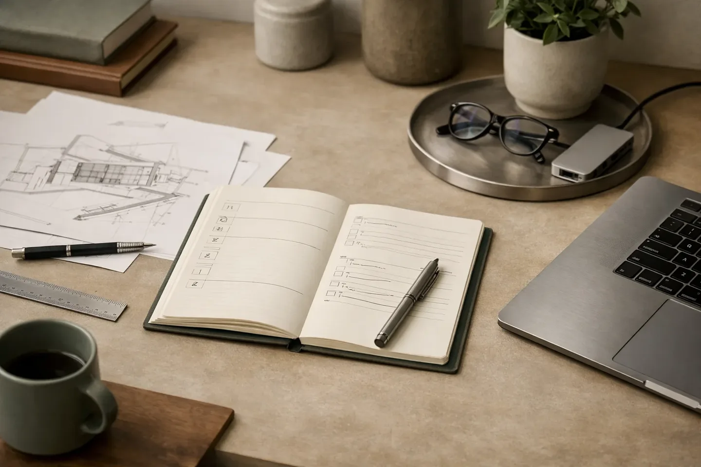 Mesa editorial con portátil, móvil, cuaderno y materiales de trabajo técnico.