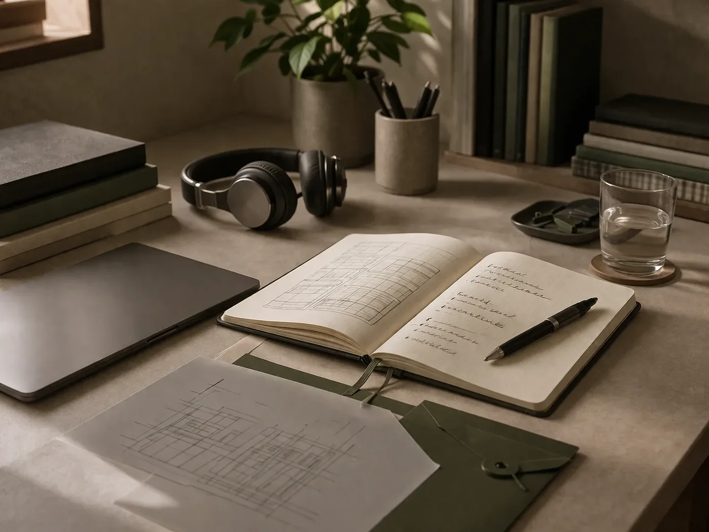 Espacio de trabajo sobrio con materiales técnicos y contexto de estudio.