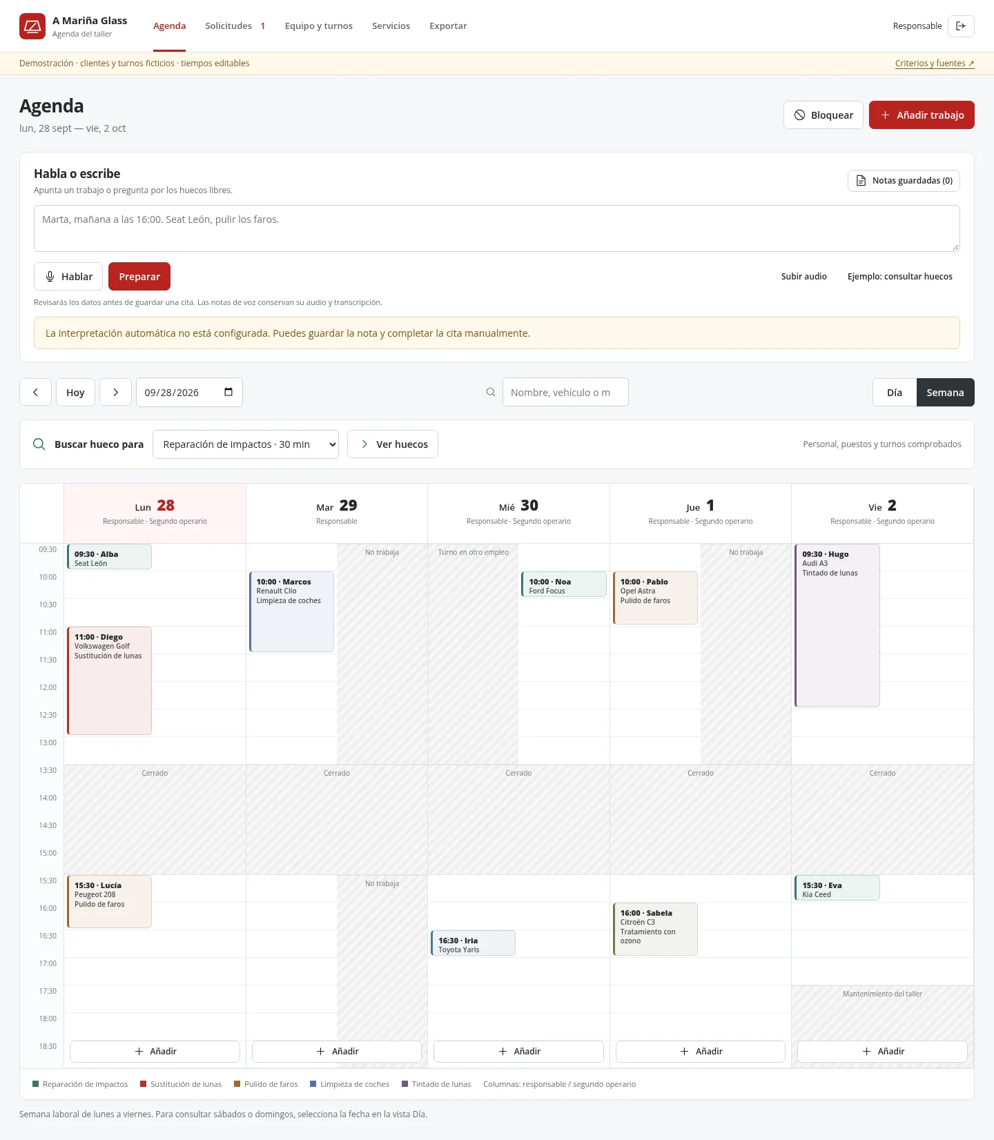 Agenda semanal de demostración con trabajos, horas de cierre y bloqueos del equipo.