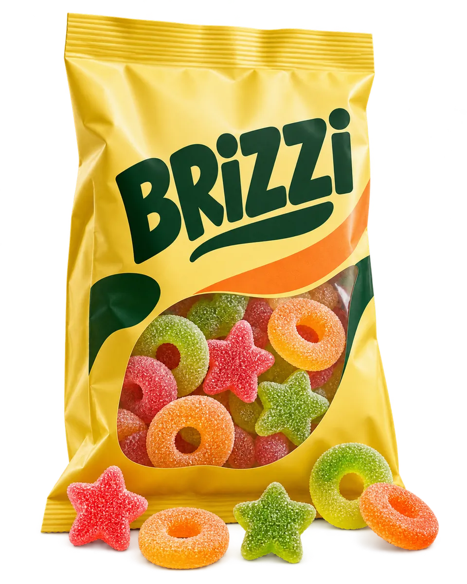Envase ficticio de gominolas BRIZZI, creado para la recreación de la campaña.